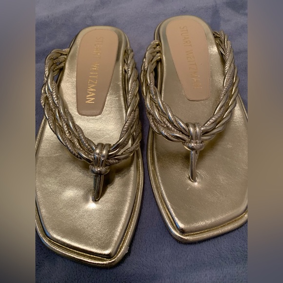 Stuart Weitzman Women’s Metallic Napa Woven Calypso Flat Sandals| size 8 1/2 - Picture 8 of 9